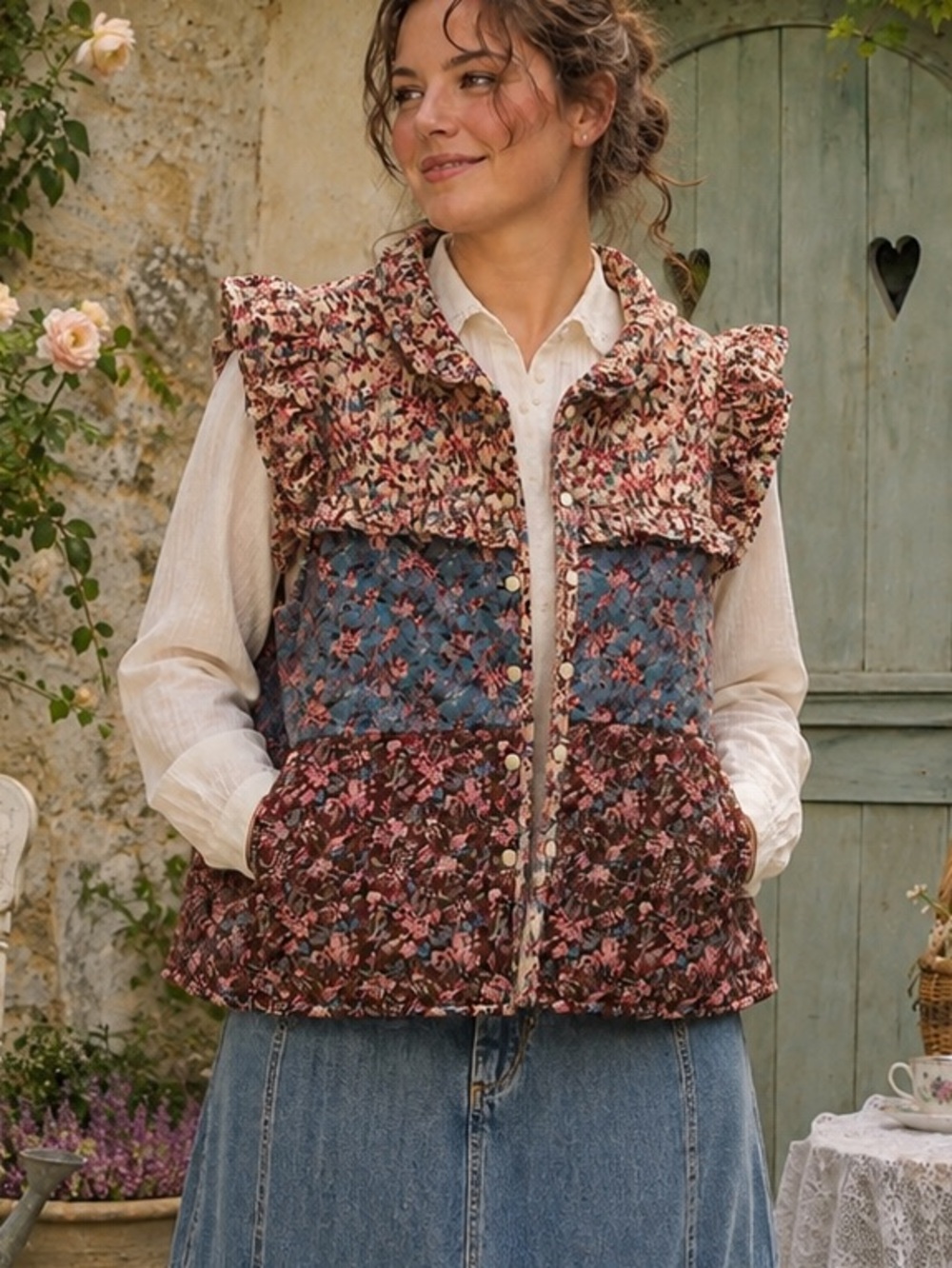 Entro Floral Ruffle Snapfront Vest - Multicolor Corduroy - Lined